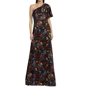 NWT SACHIN + BABI Black Floral Sleeveless One Shoulder Bow Dress Gown Size 10